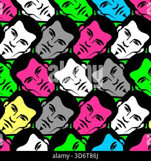 Nahtloses Muster aus stilisierten Männergesichtern in leuchtenden, kontrastierenden Farben. Pop-Art-Vektor-Hintergrund für Identitäts-, Crowd-, digitale oder abstrakte Themen. Stock Vektor