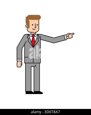 Geschäftsmann oder Manager, der mit der Hand zeigt. Flache Vektorabbildung für Richtungskonzepte, Anweisungen, Präsentationen oder Vorschläge. Stock Vektor