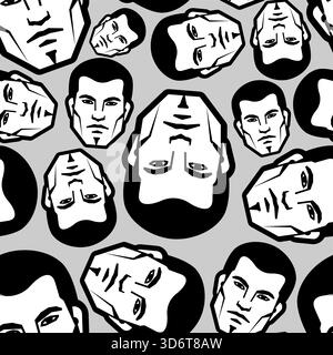 Nahtlose, abstrakte männliche Gesichter. Monochromer Vektor-Hintergrund für Konzepte der Männlichkeit, Identität, Menge oder modernen Kunstdruck. Stock Vektor