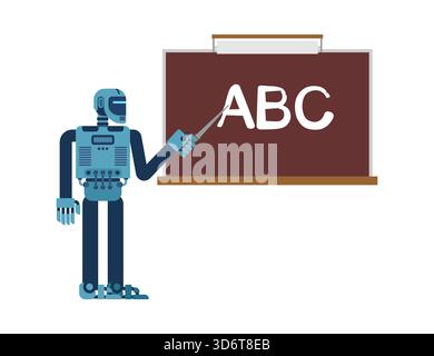 Roboterlehrer oder Professor, der auf eine Tafel schreibt. KI-Bildung, futuristisches Lernen und Technologieintegration im schulischen oder akademischen Konzept. Stock Vektor