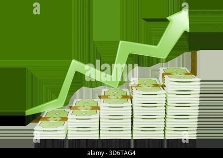 Geldstapel, die einem Balkendiagramm ähneln, mit einem grünen Pfeil nach oben Stockfoto