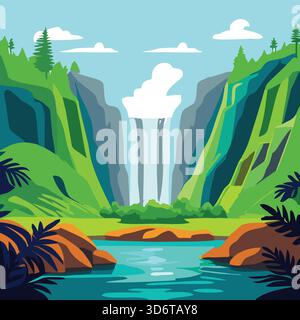 Eine üppige natürliche Landschaft mit einer Wasserfall-Vektor-Illustration Stock Vektor