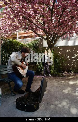 Gitarrist genießt den Frühling unter Kirschblüten im 15. Arrondissement, Paris, Frankreich Stockfoto