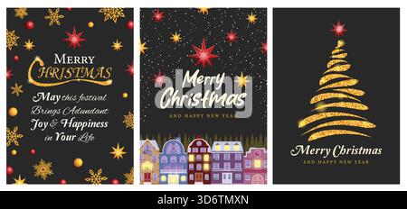 Grußkarten mit Zitat, skandinavische Häuser, Weihnachtsbaum und farbenfrohe festliche Dekoration in Schwarz mit goldenen Glitzerakzenten Stock Vektor