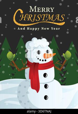 Niedliches Schneemannsgrußkartendesign mit Schnee- und Goldglitzernakzenten auf Schwarz Stock Vektor