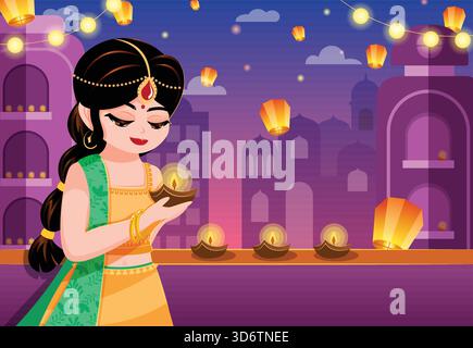 Indische Frau auf dem Dach mit einer Diya, Himmel voll mit schwimmenden Laternen. Diwali Festival of Lights im Hintergrund mit Copyspace Stock Vektor