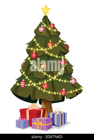 Geschenke unter dem Baum mit Kugeln, Feenlichtern und goldenem Stern als Topper. Vektorgrafik Zu Weihnachten Stock Vektor