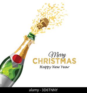 Frohe Weihnachten und frohe Neujahrsgrüße mit Champagner Flasche Popping Open Illustration Stock Vektor
