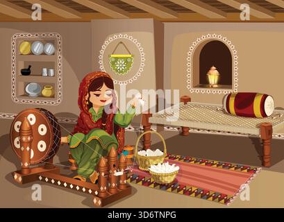 Punjabi-Frau, die hölzerne Churkha-Spinnrad spinnt, sitzt im Mudhouse-Wohnzimmer. Authentische Dorf Lifestyle Detaillierte Illustration Stock Vektor