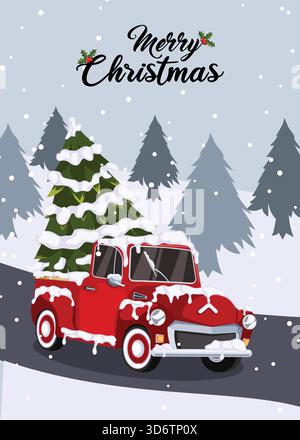 Merry Christmas vertikale Grußkarte im A4-Format mit rotem Pickup-Truck, der schneebedeckten Baum die Straße hinunter trägt Stock Vektor