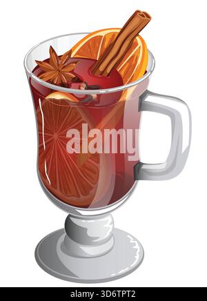 Glühwein-Glühwein-Becher mit Fuß aus Glas mit Orangenscheibe, Zimtstab, Nelken und Sternanis. Würzige Festliche Wintergetränk Illustration Stock Vektor