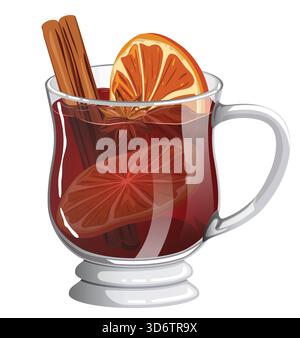 Glühweinbecher mit Zimt, Orangenscheiben und Sternanis Garnish - festliche Winter Heißgetränk Glogg Illustration Stock Vektor