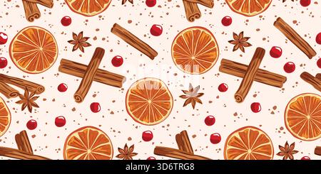 Festliches nahtloses Muster für Wintergewürze – Orangenscheiben, Zimtstangen, Sternanis und Cranberries. Handgezeichneter Vektorhintergrund Stock Vektor
