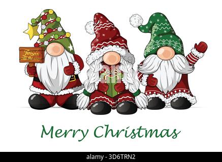 Skandinavische Tomte Gnomes mit Geschenken und Dekorationen – süße frohe Weihnachtsgrüße Illustration Stock Vektor
