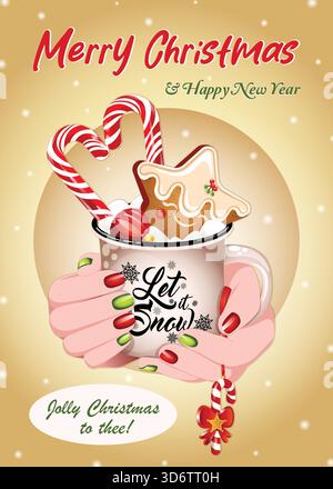 Hände halten heiße Kakaobecher Illustration Jolly Christmas Wishes Golden Card mit Sparkles Design Stock Vektor