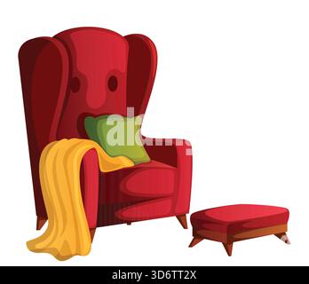 Bequemer roter Sessel mit grünem Kissen, gelber Decke und weichem Fußhocker. Innenmöbel Grafik Isoliert Stock Vektor