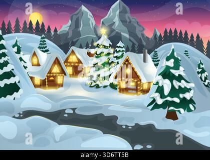 Schneebedeckte Landschaft - Dorf zwischen Bergen bei Nacht mit Weihnachtsbaum, Tannen und festlichen Lichtern. Winter Cartoon Hintergrund Stock Vektor