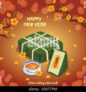 Editierbare Vorlage Für Traditionelle Neujahrsgrüße. Vietnamesischer Reiskuchen mit Fischsauce und Ochna-Blumen, Zweigen und Blütenblättern vor Bokeh-Hintergrund Stock Vektor