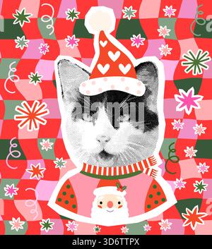 Lustiges Vektor-Kätzchen-Gesicht mit Hut und hässlichem Pullover, lustiges Weihnachts- und Winterdesign für Poster und Grußkarten Stock Vektor