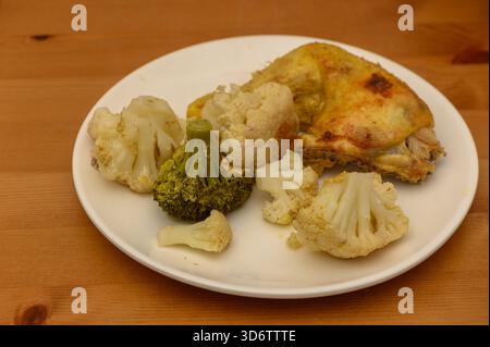 Frisch gebackene Hähnchenstücke mit gebratenem Blumenkohl und Brokkoli, serviert auf einem weißen Teller. Das goldbraune Hühnchen und karamelisiertes Gemüse erzeugen Stockfoto