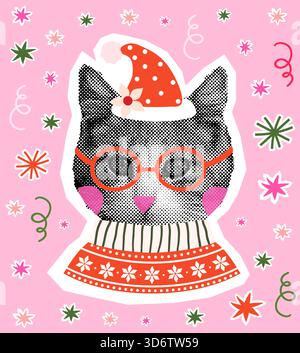 Niedliches Vektor-Kätzchen-Gesicht mit Hut und Pullover, lustige Weihnachts- und Wintermotive für Poster und Grußkarten Stock Vektor