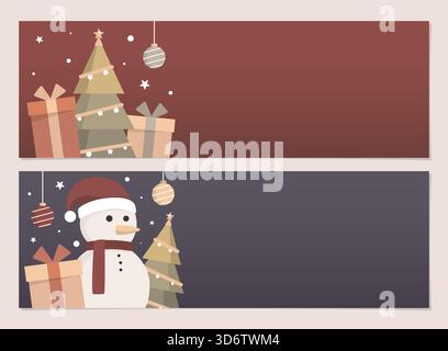 Fröhliches und minimalistisches Weihnachtsbanner-Set mit einem Schneemann, Kiefern und Geschenkboxen für saisonale Aktionen und Verkäufe. Stock Vektor