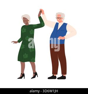 Lächelnde Rentner genießen einen Tanz, feiern aktiven Seniorenstil, isoliert auf weißer Vektor-Illustration Stock Vektor