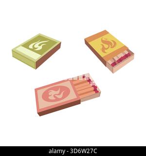 Drei isolierte Streichholzschachteln mit Streichhölzern und Flammensymbolen auf einer Vektorillustration mit weißem Hintergrund Stock Vektor