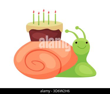 Lächelnde Schnecke mit Geburtstagskuchen auf Shell, isoliert auf weißem Hintergrund, perfekt für Feier Vektor-Illustration Stock Vektor
