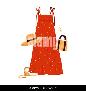 Isoliertes rotes Polka Dot Kleid mit Hut, Sandalen, Tasche und Ohrringen für Sommer Mode Vektor Illustration Stock Vektor