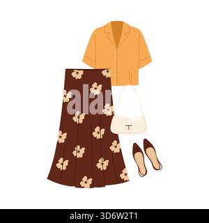 Isolierte Frauen Outfit Set mit Blumenrock, gelbes Hemd, Tasche und Schuhe Vektor Illustration Stock Vektor
