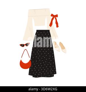 Schickes Frauen Outfit Set mit Polka Dot Rock, Top und Accessoires auf isolierter Hintergrund Vektor Illustration Stock Vektor