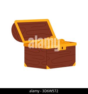 Isolierte hölzerne Piratenkiste, die mit glänzenden Goldmünzen auf weißer Hintergrund-Vektor-Illustration überströmt Stock Vektor