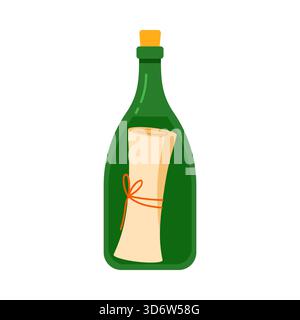 Grüne Glasflasche, die eine gerollte Piratenrolle enthält, isoliert auf weißem Hintergrund Vektor-Illustration Stock Vektor