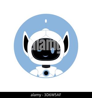 Lächelnder futuristischer Roboterkopf mit Antenne im blauen Kreis, isoliert auf weißer Vektorillustration Stock Vektor