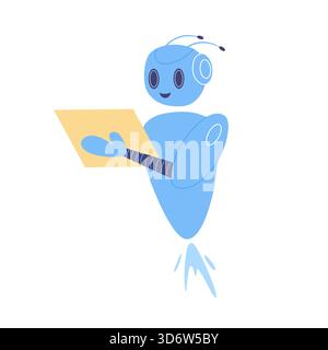 Lächelnde blaue Roboterfigur, die ein Papierdokument auf einer weißen isolierten Hintergrundvektorillustration hält Stock Vektor