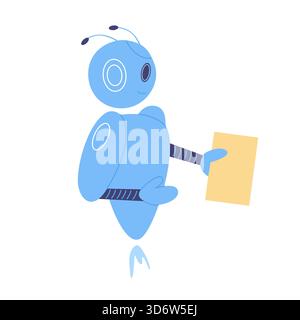 Freundliche blaue Roboterfigur, die ein Papierdokument auf einer weißen isolierten Hintergrundvektorillustration hält Stock Vektor