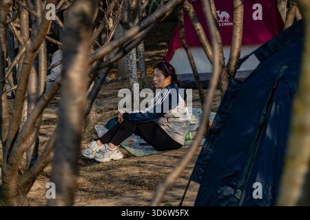 Changzhou, China. November 2025. Eine Frau sitzt auf einer Matte zwischen Bäumen und Zelten im ökologischen Park. Quelle: SOPA Images Limited/Alamy Live News Stockfoto