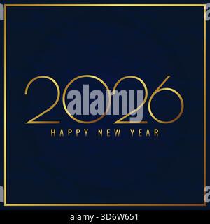 Luxuriöse goldene Zahlen für das neue Jahr 2026 mit quadratischem Rahmen auf dunkelblauem strukturiertem Hintergrund. Stock Vektor