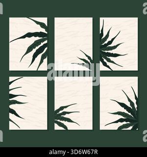 Set aus boho-botanischen Wandbildern mit dunkelgrünen Palmblättern auf strukturiertem beigefarbenem Hintergrund. Stock Vektor