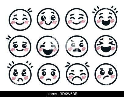 Niedliche handgezeichnete Doodle Faces Kollektion mit verschiedenen Emotionen. Stock Vektor