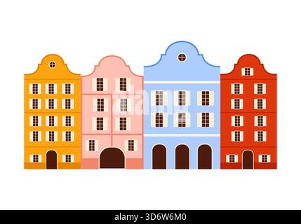 Vier farbenfrohe österreichische Stadthäuser mit klassischen Fassaden und Fenstern, isoliert auf weißer Vektorillustration Stock Vektor