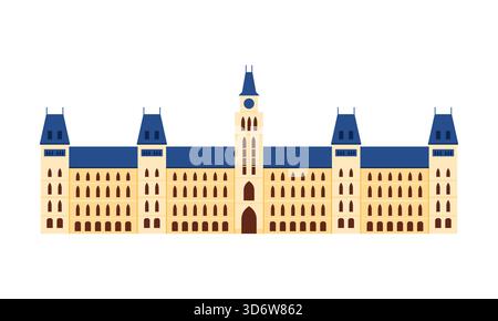 Flaches Design des kanadischen parlamentsgebäudes isoliert auf weißem Hintergrund für Reise- und Bildungsvektorillustration Stock Vektor