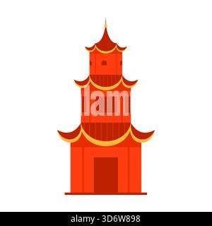 Rote chinesische Pagode mit goldenen Dachdetails auf weißer isolierter Hintergrund-Vektor-Illustration Stock Vektor