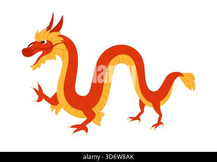 Roter und gelber chinesischer Drache im Zeichentrickstil auf isolierter weißer Hintergrundvektorillustration Stock Vektor