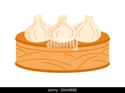 Drei traditionelle chinesische gedämpfte Teigtaschen in einem Bambuskorb auf einer weißen isolierten Hintergrund-Vektor-Illustration Stock Vektor