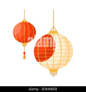 Zwei bunte chinesische Laternen hängen isoliert auf weißem Hintergrund für Festival und Feier Vektor Illustration Stock Vektor