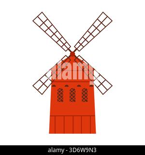 Klassische rote Windmühle inspiriert von Frankreich, isoliert auf weißem Hintergrund für Reise- und Kulturkonzepte Vektorillustration Stock Vektor