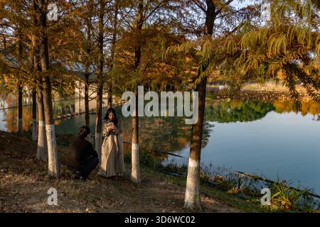 Changzhou, China. November 2025. Menschen, die am See mit Winterbäumen im ökologischen Park gesehen werden. (Foto: Sheldon Cooper/SOPA Images/SIPA USA) Credit: SIPA USA/Alamy Live News Stockfoto