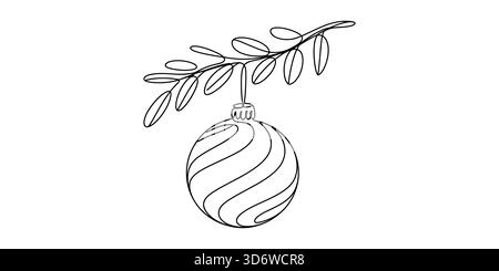 Minimalistische Strichkunstillustration einer festlichen weihnachtskugel auf einem Zweig Stock Vektor